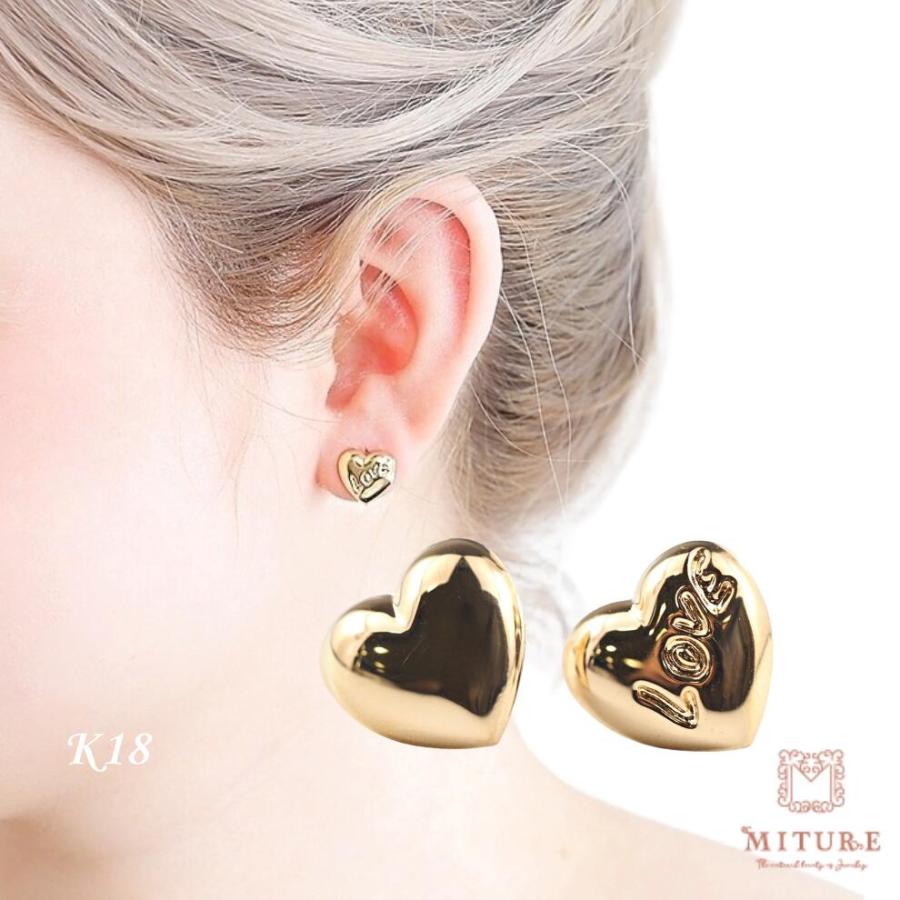 K18 ハート ピアス 18k 18金 ゴールド 大きい ボリューム 地金 LOVE ラブ 文字入り レディース | 