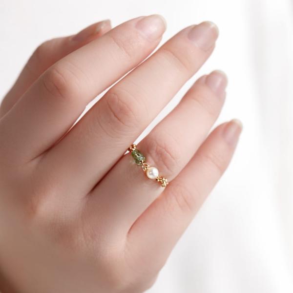 18金 リング 指輪 チェーンリング 鎖 あこや パール 真珠 トルマリン グリーン グリーントルマリン k18 重ね付け ブランド プレゼント |  | 06