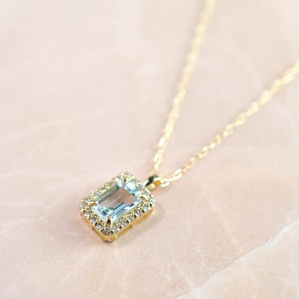 アクアマリン ネックレス k18 ダイヤ ダイヤ取り巻き 18k 18金 角 12月誕生石 カラーストーン シンプルの画像