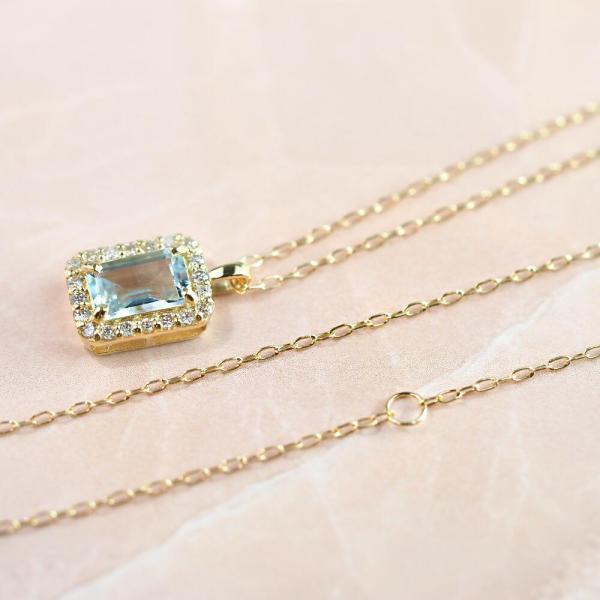 アクアマリン ネックレス k18 ダイヤ ダイヤ取り巻き 18k 18金 角 12月誕生石 カラーストーン シンプルの画像