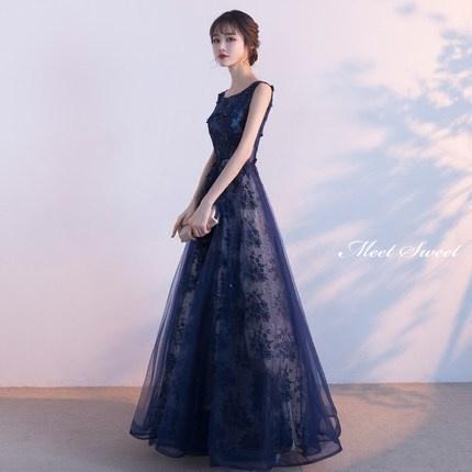 カラードレス ロングドレス ネイビー 花柄 ノースリーブ パーティードレス ウェディングドレス ウエディングドレス 結婚式 二次会 披露宴 花嫁