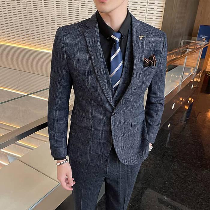 結婚式 スリーピーススーツ メンズ 洗える スリム ウォッシャブル スーツ チェック柄 セットアップ 卒業式 入学式 スリムス_3