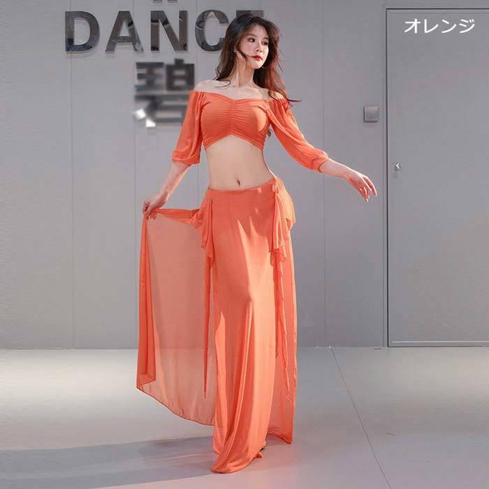 ベリーダンス レッスン着 8色 レデイース ベリーダンス衣装 上下セット 肩出し ショート丈トップス へそ出し ダンススカートスリット入り ロングスカート アシメ | ブランド登録なし | 08