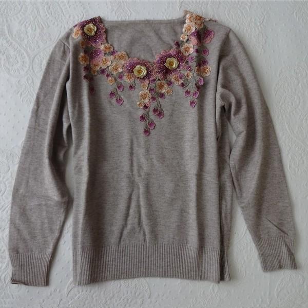 カシミヤ刺繍セーター、ベージュＬ 