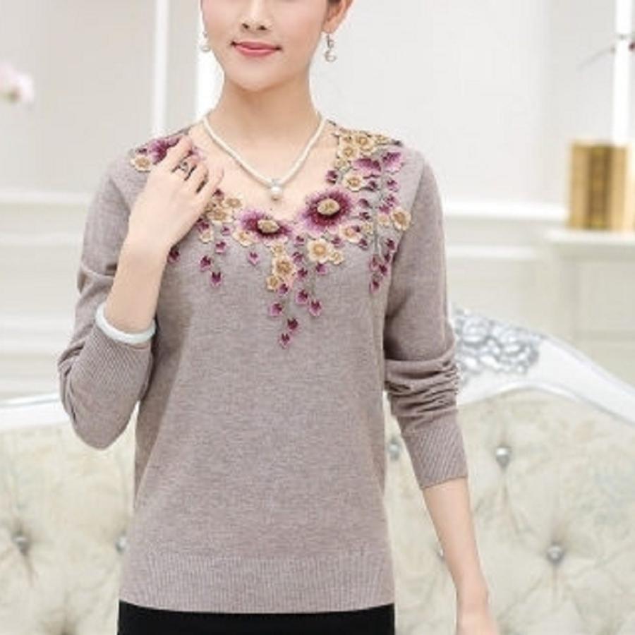 カシミヤ刺繍セーター、ベージュＬ 