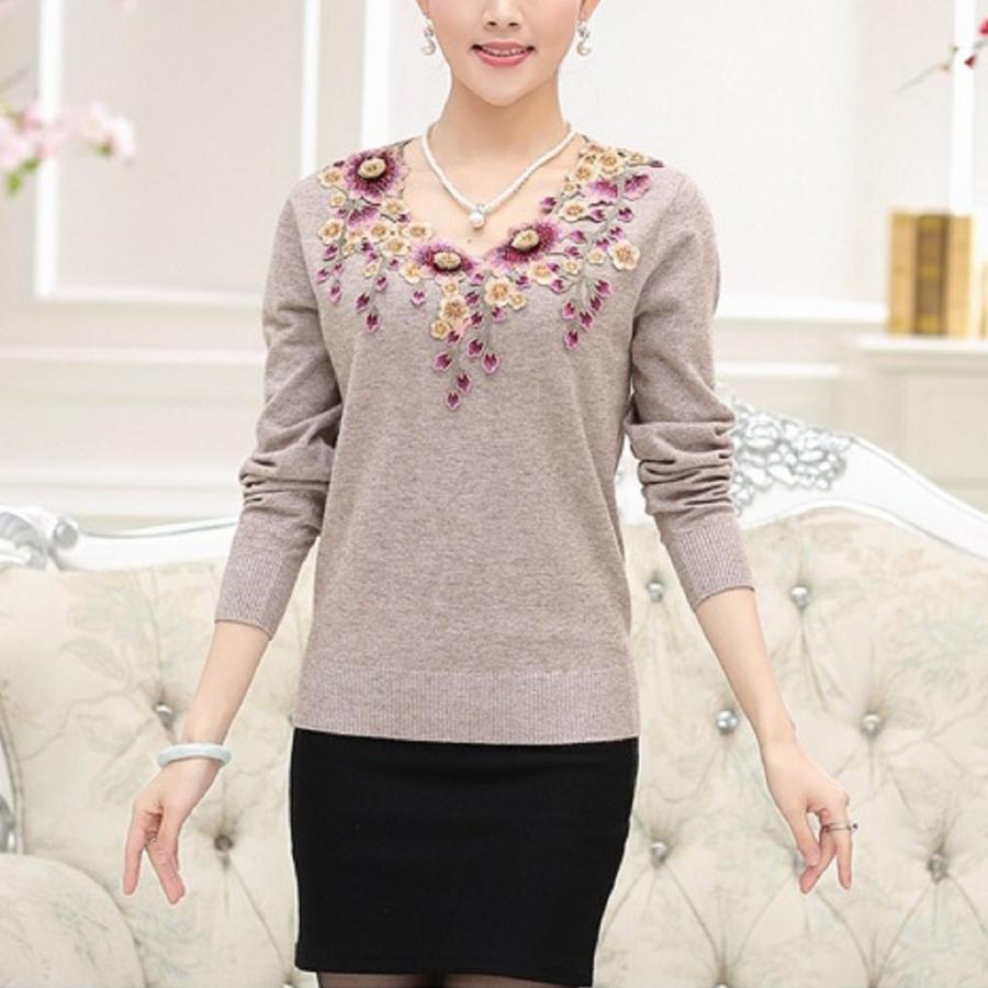 カシミヤ刺繍セーター、ベージュＬ 