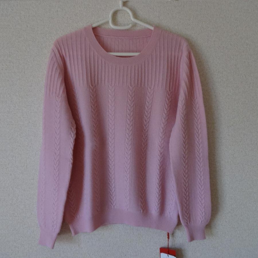 縄編みクールネック厚織りカシミヤセーター、清楚なピンク系 : 三和軒