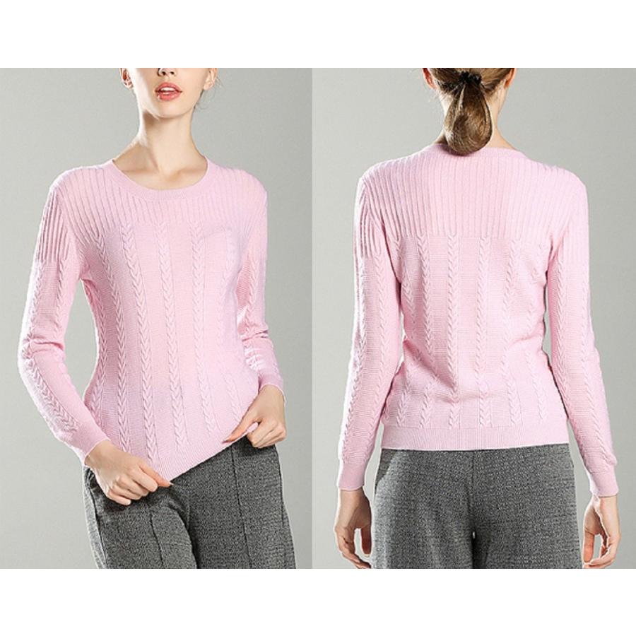 縄編みクールネック厚織りカシミヤセーター、清楚なピンク系 : 三和軒