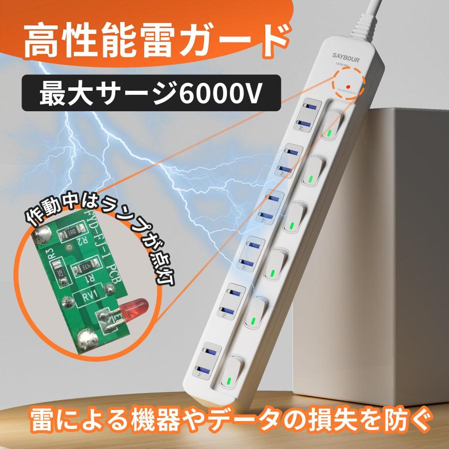 SAYBOUR 電源タップ 雷ガード 個別スイッチ 節電タップ おしゃれ省エネACコンセント 6個口LED PSE認証済 延長コード (5m, ホワ｜miwashouten｜04