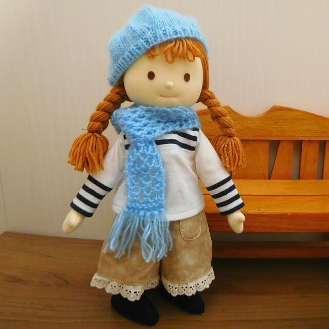 人形用 ベレー帽 マフラー セット モヘア 水色 手編み ドール ドール用