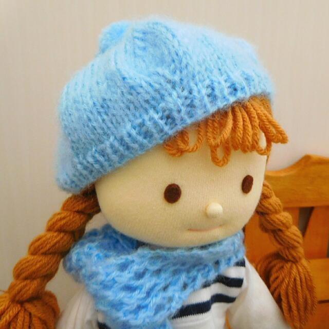 人形用 ベレー帽 マフラー セット モヘア 水色 手編み ドール ドール用