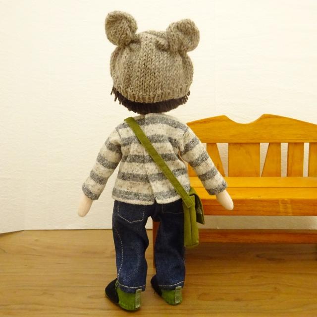 手作り 人形 男の子 ボーダーニット ニット帽 ジーンズ エプロン 着せ