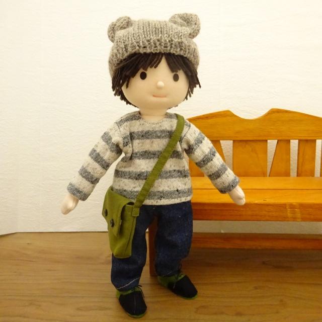 手作り 人形 男の子 ボーダーニット ニット帽 ジーンズ エプロン 着せ