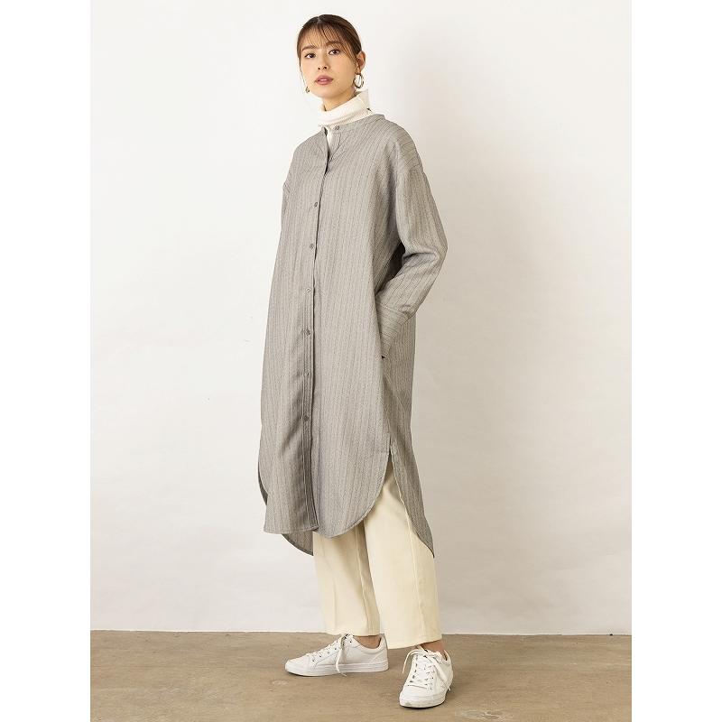 ロングシャツ ウールライク ストライプ ロング丈 ロングワンピース バンドカラー ノーカラー 【OandI オーアンドアイ／ウールライクストライプシャツワンピース |  | 01