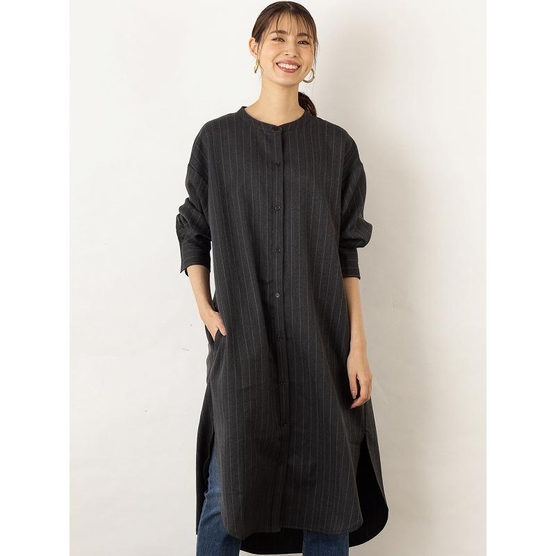 ロングシャツ ウールライク ストライプ ロング丈 ロングワンピース バンドカラー ノーカラー 【OandI オーアンドアイ／ウールライクストライプシャツワンピース |  | 10