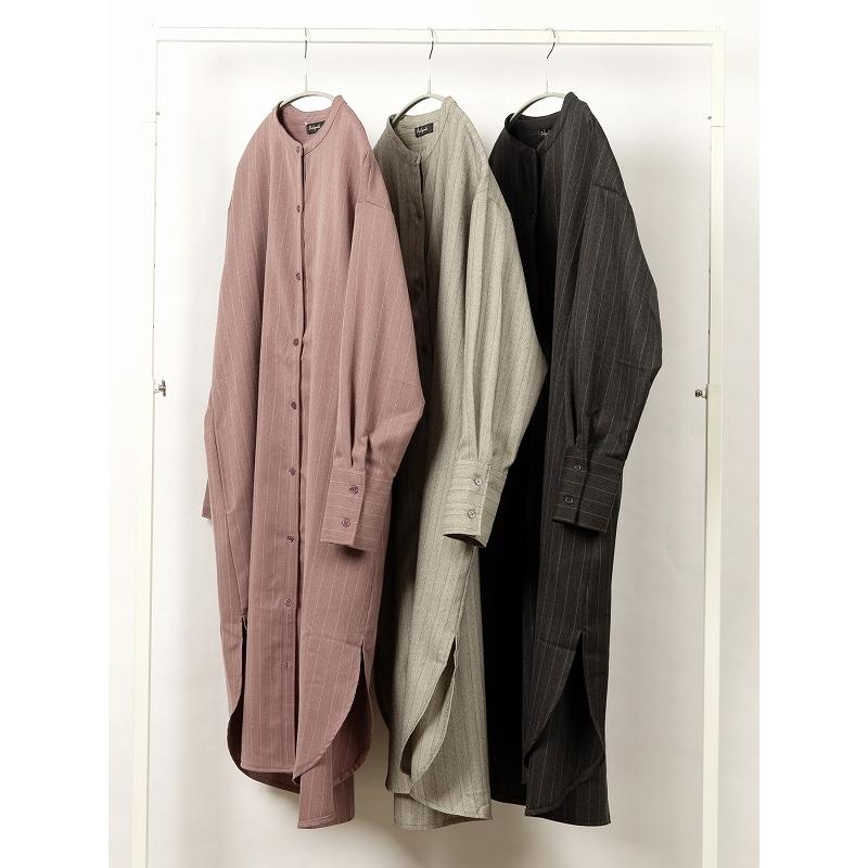 ロングシャツ ウールライク ストライプ ロング丈 ロングワンピース バンドカラー ノーカラー 【OandI オーアンドアイ／ウールライクストライプシャツワンピース |  | 11