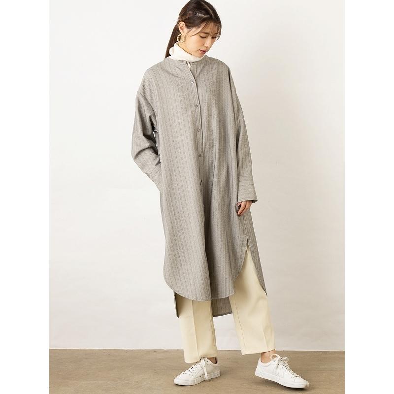 ロングシャツ ウールライク ストライプ ロング丈 ロングワンピース バンドカラー ノーカラー 【OandI オーアンドアイ／ウールライクストライプシャツワンピース |  | 02