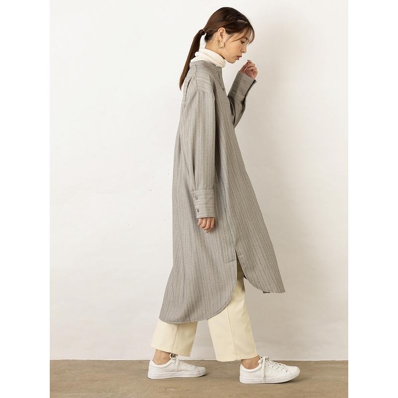ロングシャツ ウールライク ストライプ ロング丈 ロングワンピース バンドカラー ノーカラー 【OandI オーアンドアイ／ウールライクストライプシャツワンピース |  | 03
