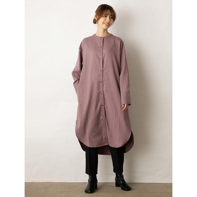 ロングシャツ ウールライク ストライプ ロング丈 ロングワンピース バンドカラー ノーカラー 【OandI オーアンドアイ／ウールライクストライプシャツワンピース |  | 04