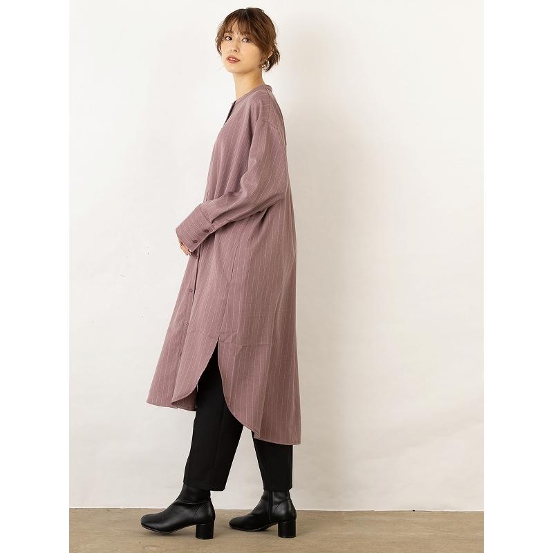 ロングシャツ ウールライク ストライプ ロング丈 ロングワンピース バンドカラー ノーカラー 【OandI オーアンドアイ／ウールライクストライプシャツワンピース |  | 05