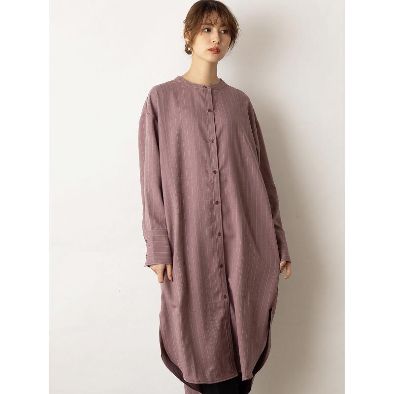 ロングシャツ ウールライク ストライプ ロング丈 ロングワンピース バンドカラー ノーカラー 【OandI オーアンドアイ／ウールライクストライプシャツワンピース |  | 06