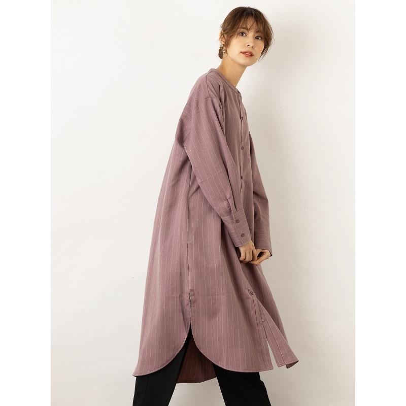 ロングシャツ ウールライク ストライプ ロング丈 ロングワンピース バンドカラー ノーカラー 【OandI オーアンドアイ／ウールライクストライプシャツワンピース |  | 07