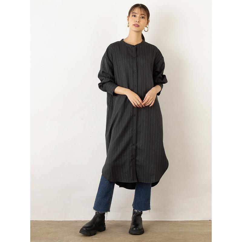 ロングシャツ ウールライク ストライプ ロング丈 ロングワンピース バンドカラー ノーカラー 【OandI オーアンドアイ／ウールライクストライプシャツワンピース |  | 08