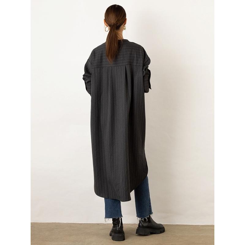 ロングシャツ ウールライク ストライプ ロング丈 ロングワンピース バンドカラー ノーカラー 【OandI オーアンドアイ／ウールライクストライプシャツワンピース |  | 09