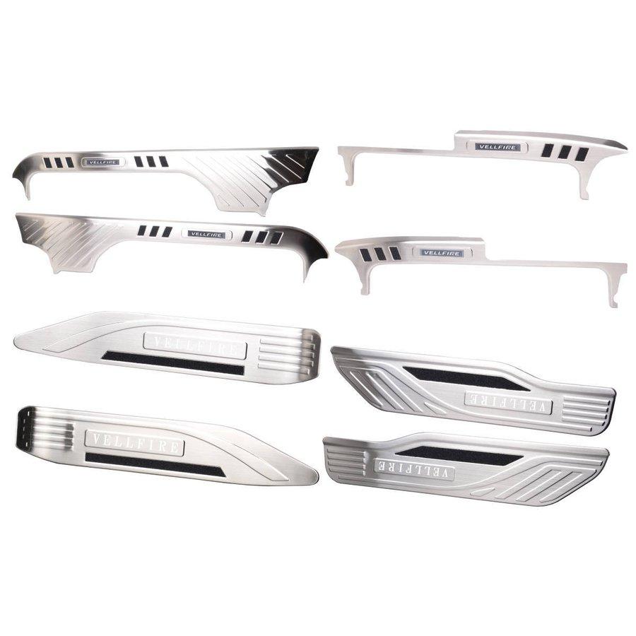 新型ヴェルファイア30系LEDスカッフプレート8ピースセット上下段青発光