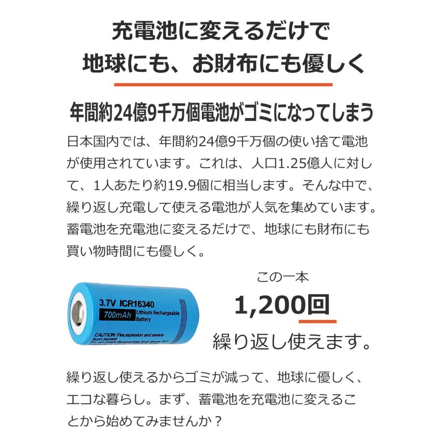 2本セット 16340 リチウムイオン充電池 3.7V 、700mAh、1200回繰り返し