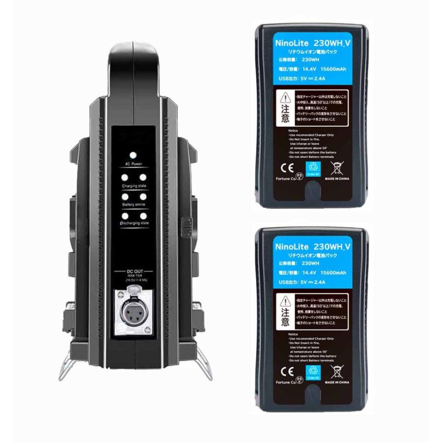 NinoLite 230WH_V Vマウント バッテリー 2個 と VM-2CH デュアルバッテリーチャージャー 15600mAh / 230Wh  バッテリー