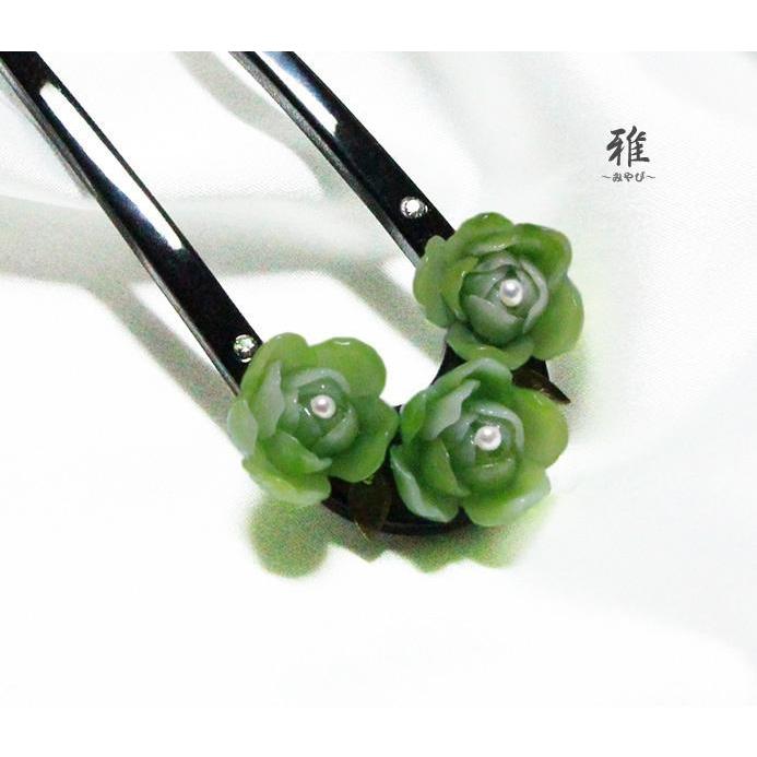 【 雅 】 優しい色。o○ 綺麗なお花に本真珠 かんざし グリーン｜miyabi-wakomono