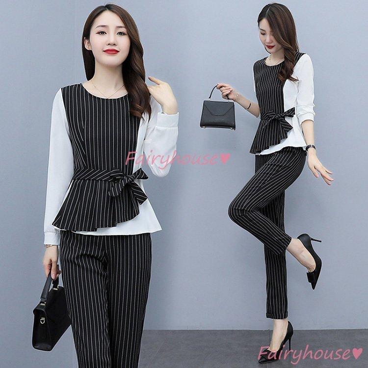 注目ブランド オシャレ韓国風 オフィスセットアップ ロング丈パンツ リボン ボーダー柄 長袖セットアップ 秋 レディース セットアップ 大きいサイズ 40代 上品 大人 Ol 通勤 セットアップ サイズ L Pathwaysfl Org