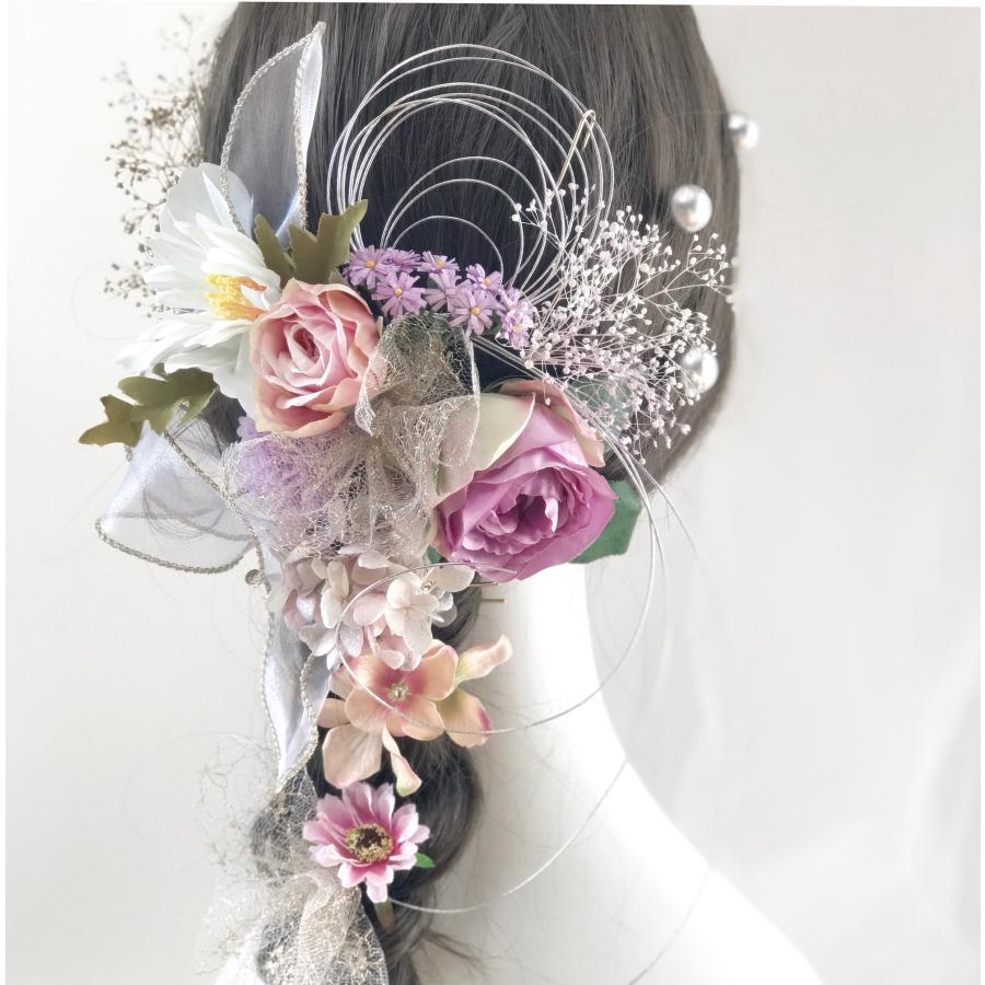 髪飾り ヘッドドレス 成人式 卒業式 結婚式 紫陽花 かすみ草 チュール 