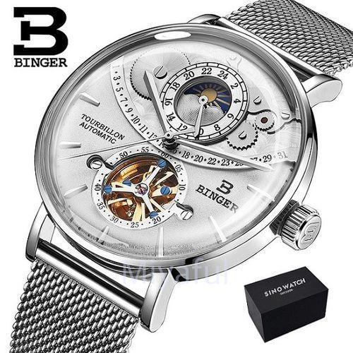 人気特価 メンズ腕時計 BINGER 高級 トゥールビヨン ムーンフェイズグランドコンプリケーション オマージュウォッチ スチールシルバー 腕時計