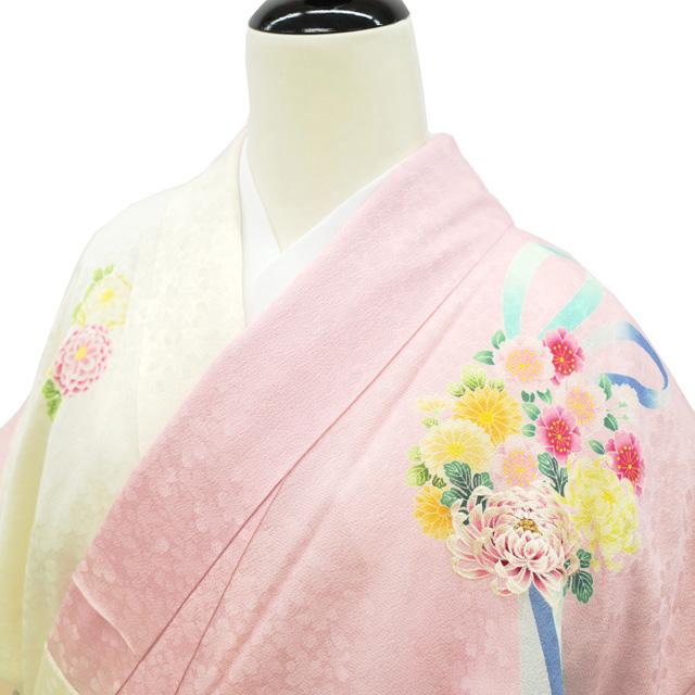 訪問着 着物 正絹 袷 刺繍 ピンク オフホワイト 薬玉 牡丹 菊