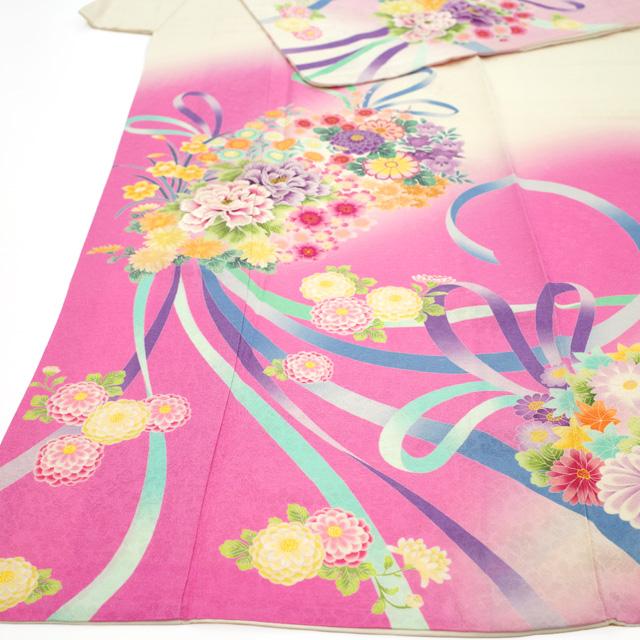 訪問着 着物 正絹 袷 刺繍 ピンク オフホワイト 薬玉 牡丹 菊 フォーマル 中古 仕立て上がり 身丈168 裄68 Ｌサイズ みやがわ hm0005 訪問着 着物 正絹 袷 刺繍 ピンク オフホワイト 薬玉 牡丹 菊