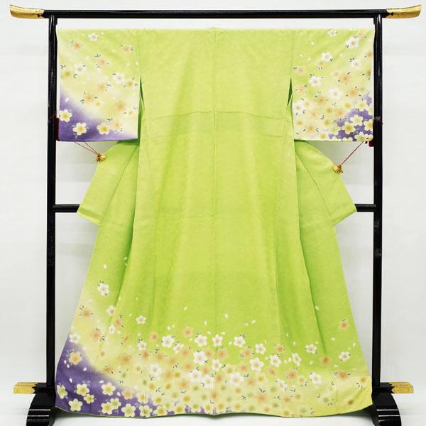 訪問着 着物 正絹 袷 抹茶色 桜 金駒刺繍 金彩加工 ハイテクミシン仕立て 新古品 仕立て上がり 身丈169 裄69 Ｌサイズ みやがわ hm0010 訪問着 着物 正絹 袷 抹茶色 桜 金駒刺繍 金彩加工 ハイテクミシン