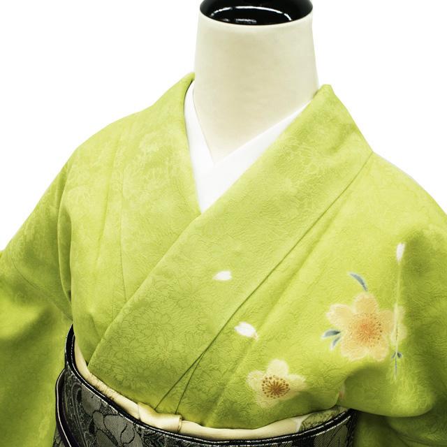 訪問着 着物 正絹 袷 抹茶色 桜 金駒刺繍 金彩加工 ハイテクミシン仕立て 新古品 仕立て上がり 身丈169 裄69 Ｌサイズ みやがわ hm0010 訪問着 着物 正絹 袷 抹茶色 桜 金駒刺繍 金彩加工 ハイテクミシン