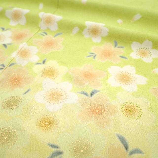 訪問着 着物 正絹 袷 抹茶色 桜 金駒刺繍 金彩加工 ハイテクミシン