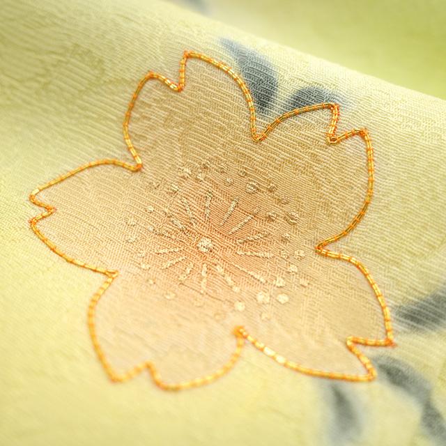 訪問着 着物 正絹 袷 抹茶色 桜 金駒刺繍 金彩加工 ハイテクミシン仕立て 新古品 仕立て上がり 身丈169 裄69 Ｌサイズ みやがわ hm0010 訪問着 着物 正絹 袷 抹茶色 桜 金駒刺繍 金彩加工 ハイテクミシン