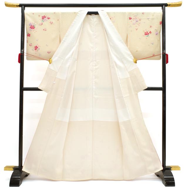 訪問着 着物 正絹 袷 JUNAMIMISAKO ブランド クリームベージュ バラ 蝶 桜 中古 仕立て上がり 身丈166.5 裄丈68 Ｌサイズ みやがわ hm0022 訪問着 着物 正絹 袷 JUNAMIMISAKO ブランド クリームベージュ地 バラ