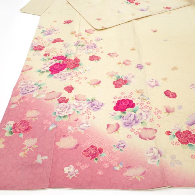 訪問着 着物 正絹 袷 JUNAMIMISAKO ブランド クリームベージュ バラ 蝶 桜 中古 仕立て上がり 身丈166.5 裄丈68 Ｌサイズ みやがわ hm0022 訪問着 着物 正絹 袷 JUNAMIMISAKO ブランド クリームベージュ地 バラ