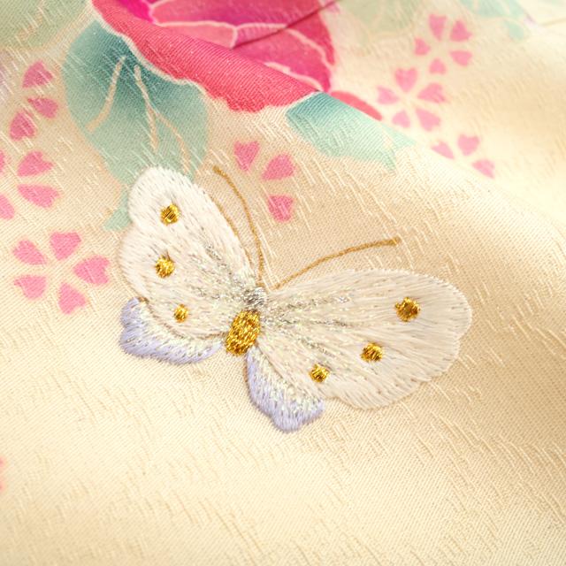 訪問着 着物 正絹 袷 JUNAMIMISAKO ブランド クリームベージュ バラ 蝶 桜 中古 仕立て上がり 身丈166.5 裄丈68 Ｌサイズ みやがわ hm0022 訪問着 着物 正絹 袷 JUNAMIMISAKO ブランド クリームベージュ地 バラ
