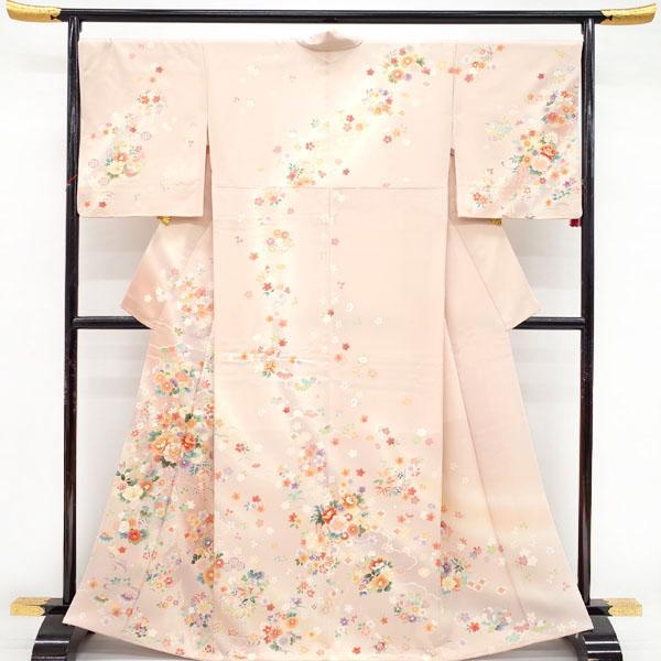 訪問着 着物 正絹 袷 金駒刺繍 金彩加工 薄ローズダスト色 四季の花 花