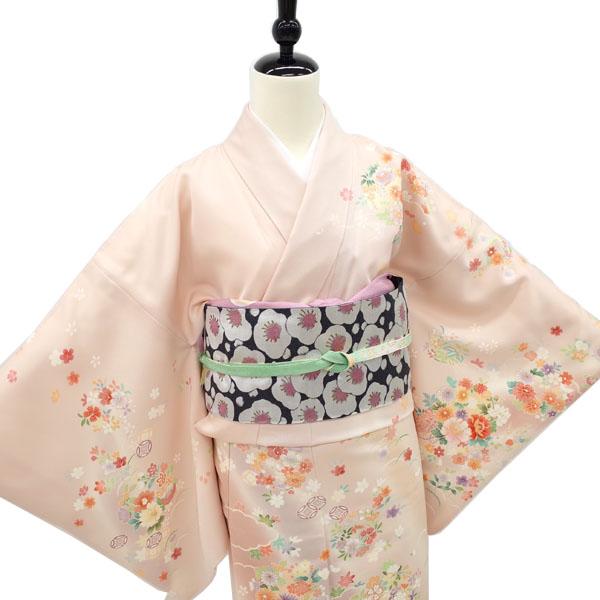 訪問着 着物 正絹 袷 金駒刺繍 金彩加工 薄ローズダスト色 四季の花 花