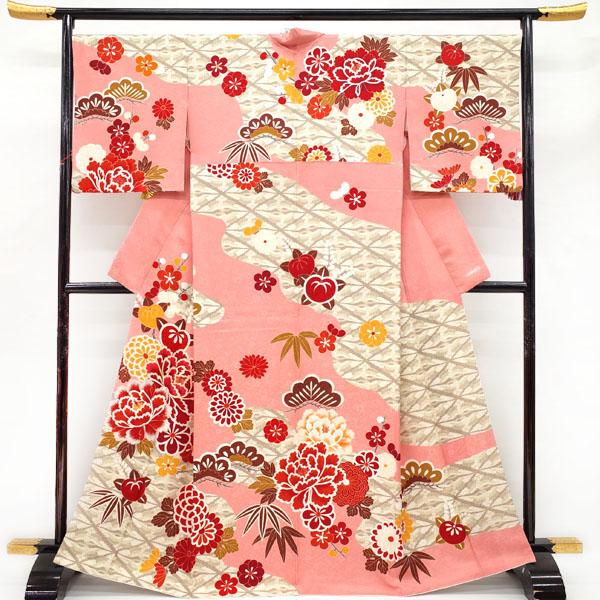 訪問着 着物 Wedding BOX ピンク 古典柄 向かい鶴菱 道長取り 牡丹 松 菊 橘 地紋 中古 仕立て上がり 身丈168 裄丈68 Ｌサイズ みやがわ hm0041 訪問着 着物 Wedding BOX ピンク 古典柄 向かい鶴菱 道長 牡丹 松 菊