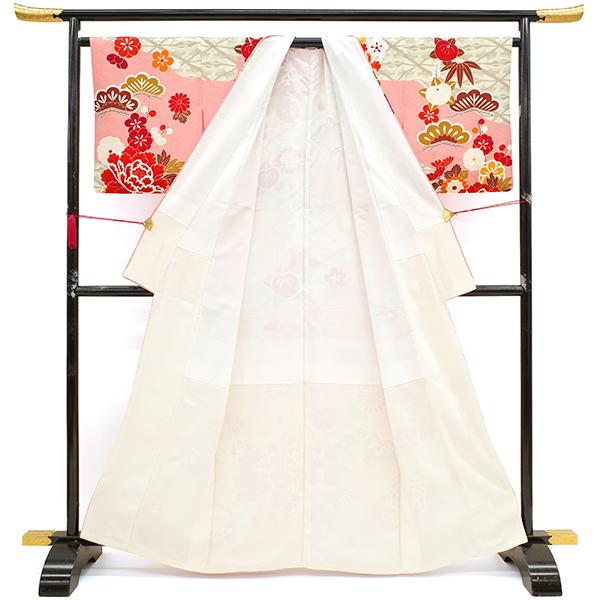 訪問着 着物 Wedding BOX ピンク 古典柄 向かい鶴菱 道長取り 牡丹 松 菊 橘 地紋 中古 仕立て上がり 身丈168 裄丈68 Ｌサイズ みやがわ hm0041 訪問着 着物 Wedding BOX ピンク 古典柄 向かい鶴菱 道長 牡丹 松 菊