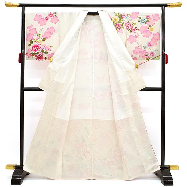 訪問着 着物 正絹 銀通し オフホワイト 牡丹 バラ 桜 花柄 フォーマル 新古品 仕立て上がり 身丈167.5 裄68 Ｌサイズ みやがわ hm0047 訪問着 着物 正絹 銀通し オフホワイト 牡丹 バラ 桜 花柄 フォーマル