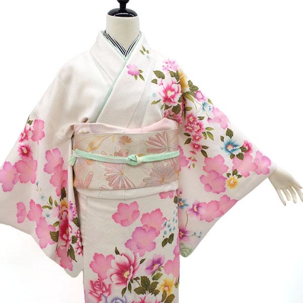 訪問着 着物 正絹 銀通し オフホワイト 牡丹 バラ 桜 花柄 フォーマル 新古品 仕立て上がり 身丈167.5 裄68 Ｌサイズ みやがわ hm0047 訪問着 着物 正絹 銀通し オフホワイト 牡丹 バラ 桜 花柄 フォーマル